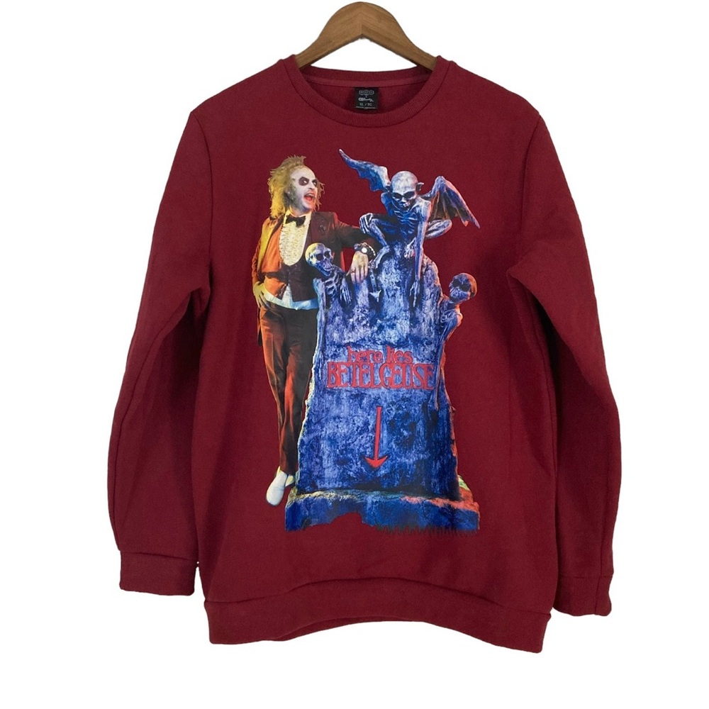Cakeworthy x Beetlejuice Crewneck Burgundy Pullover Graphic Sweatshirt